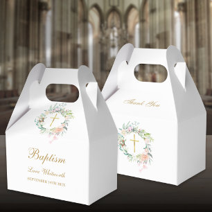Baptism Christening Watercolor Floral Gold Script Favor Boxes