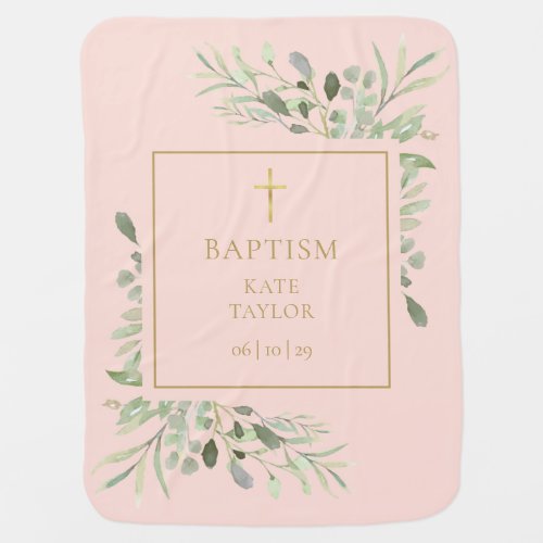 Baptism Christening Watercolor Greenery Blush Pink Baby Blanket