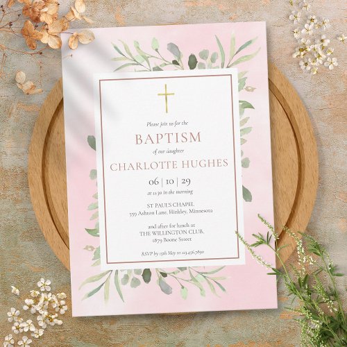 Baptism Christening Watercolor Greenery Rose Gold  Invitation