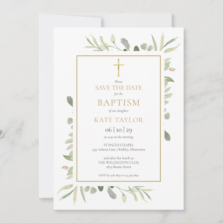 Baptism Christening Watercolor Greenery Save The Date | Zazzle