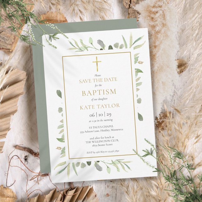 Baptism Christening Watercolor Greenery Save The Date (Baptism Christening Watercolor Greenery Save The Date)