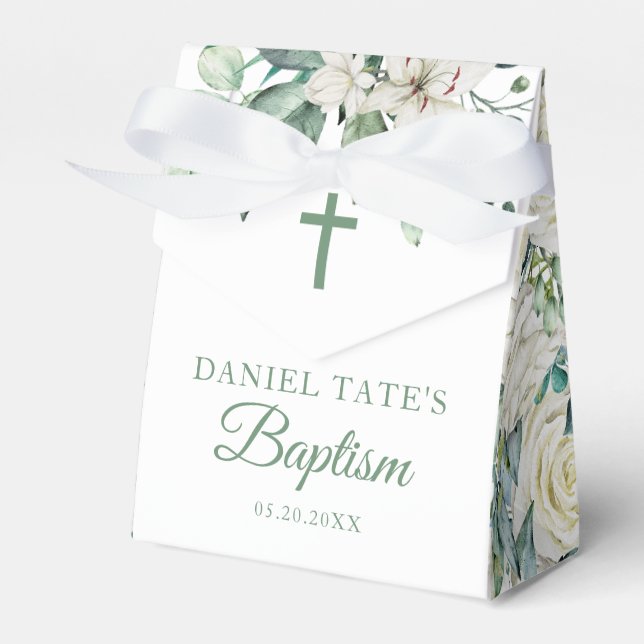 Baptism & Christening White Flowers Eucalyptus Favor Boxes (Front Side)