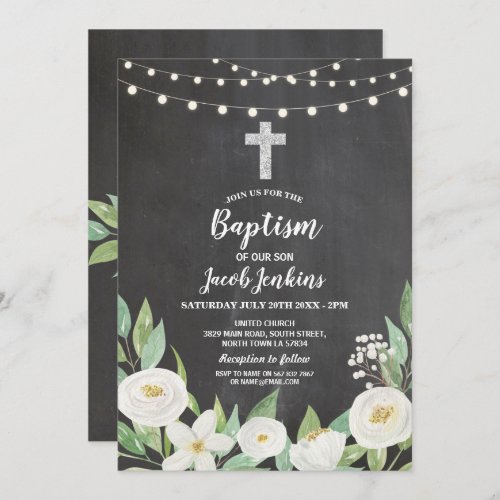 Baptism Christening White Flowers Rustic Chalk Invitation