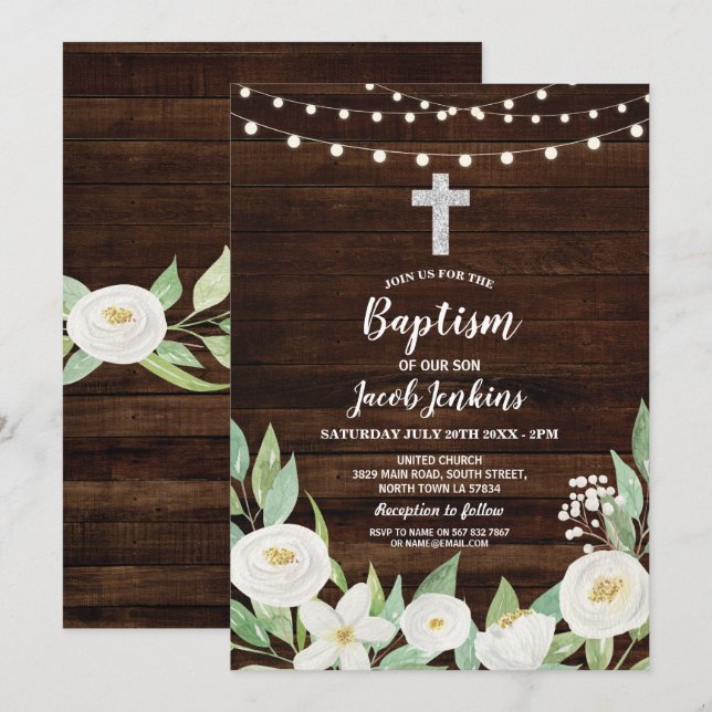 Baptism Christening White Flowers Rustic Wood Invitation (Front/Back)