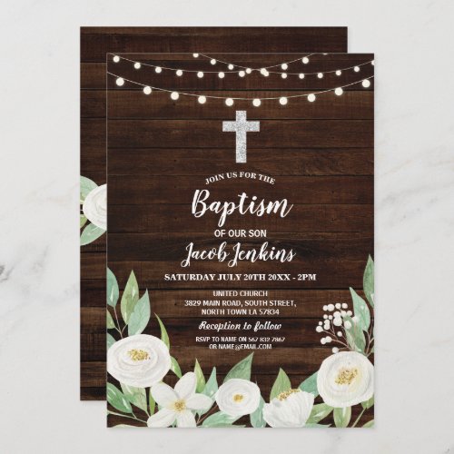 Baptism Christening White Flowers Rustic Wood Invitation