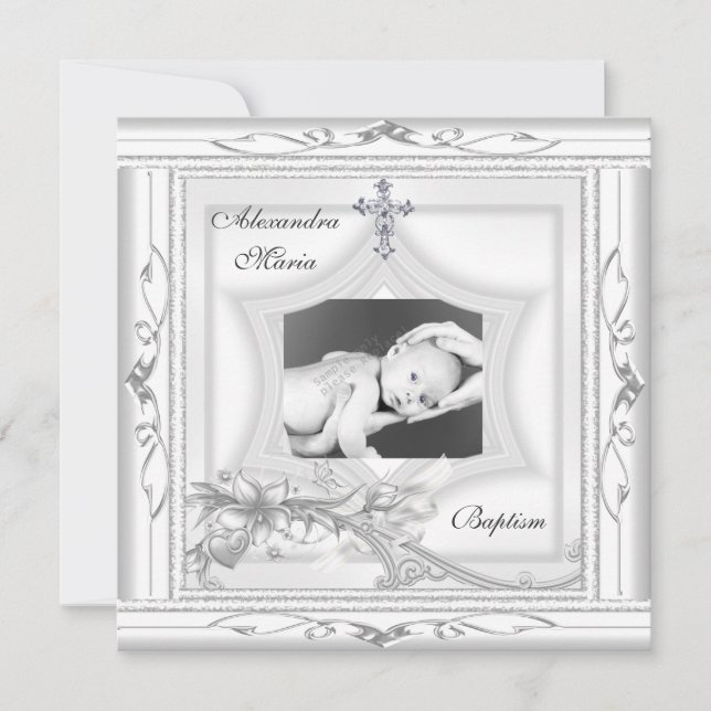 Baptism Christening White Star Photo Cross Bow Invitation (Front)