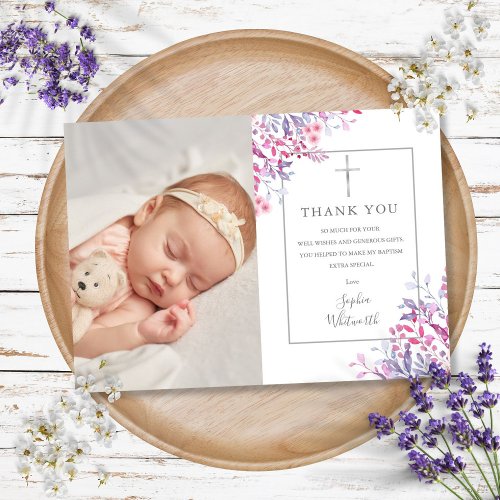 Baptism Christening Wildflowers Floral Photo Thank You Card