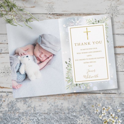 Baptism Christening Winter Snowflakes Photo Thank You Card