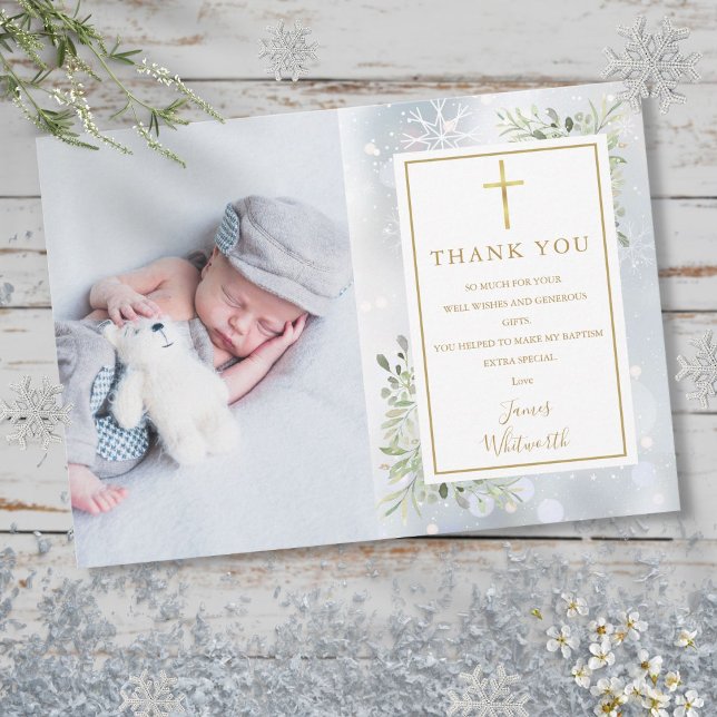 Baptism Christening Winter Snowflakes Photo Thank You Card (Baptism Christening Winter Snowflakes Photo Thank You Card)