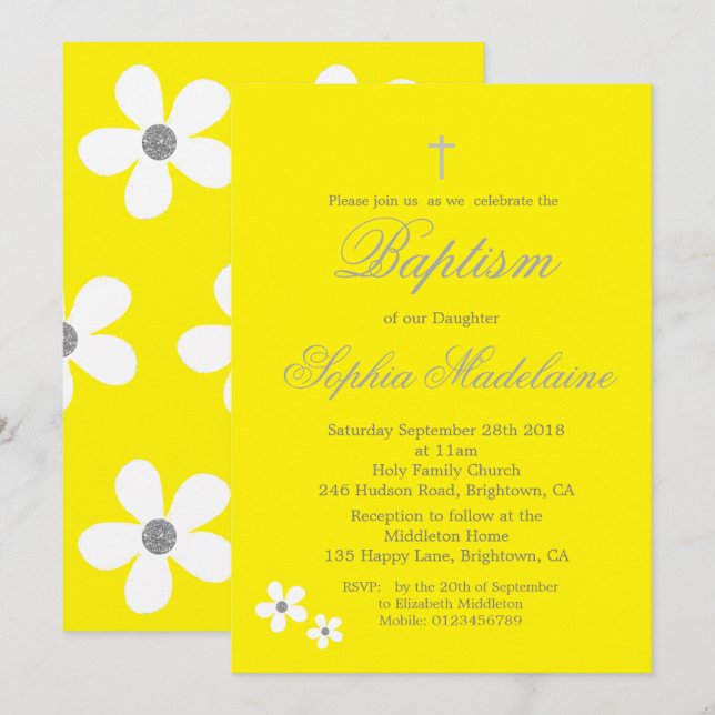 Baptism Christening Yellow Daisy Silver Girl Invitation (Front/Back)