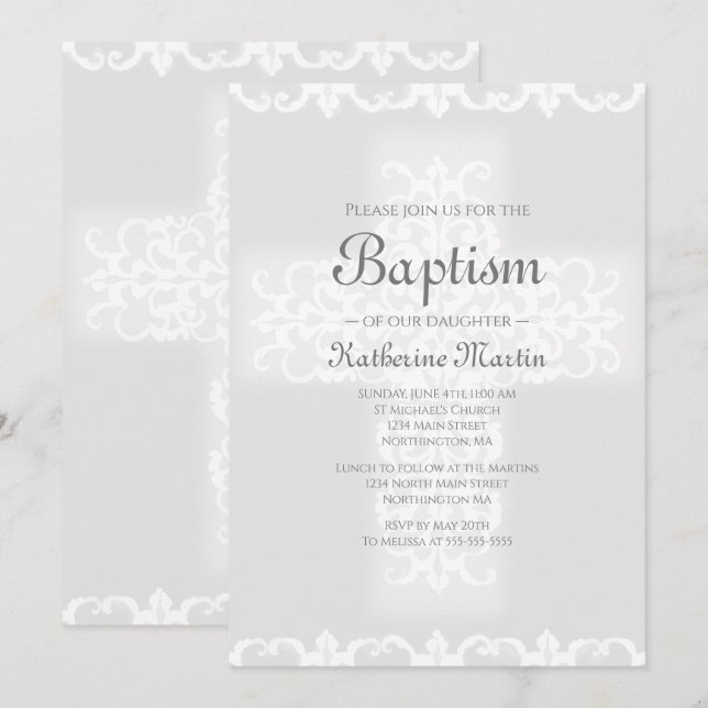 Baptism Christian Cross Gray Damask Girl Invitation (Front/Back)