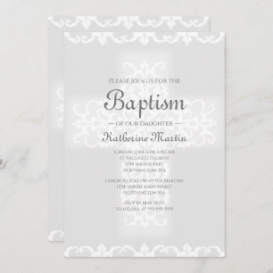 Baptism Christian Cross Gray Damask Girl Invitation