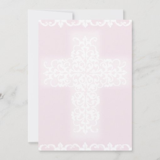 Baptism Christian Cross Pink Damask Girl Invitation | Zazzle