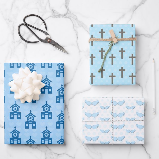 Baptism Church Cross Wings Wrapping Paper Sheets (Front)