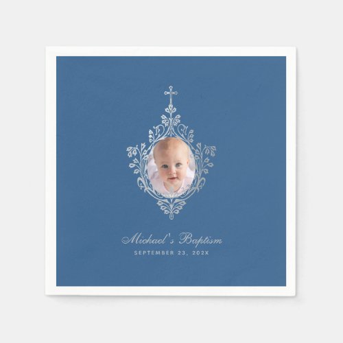 Baptism Classic Blue Elegant Boy Photo Faux Silver Napkins