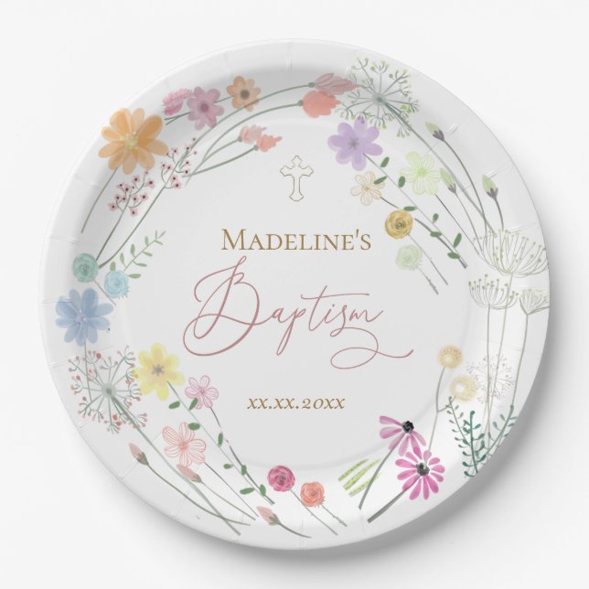 Baptism colorful wildflowers wreath paper plates (Front)