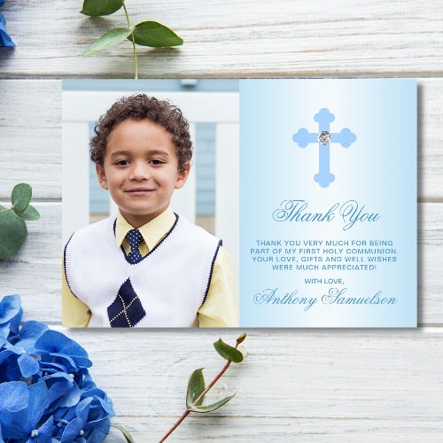 Baptism Communion Confirmation Blue BOY PHOTO Thank You Card