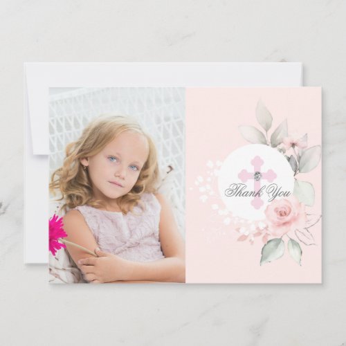 Baptism Communion Confirmation Girl Floral PHOTO T Thank You Card