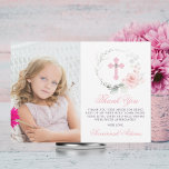Baptism Communion Confirmation Girl Floral PHOTO T Thank You Card<br><div class="desc">Delicate floral wreath Baptism, Christening, First Holy Communion or Confirmation thank you cards for girl. Pastel blush pink rose with ombre background. Greenery, leaf floral wreath with pastel pink, dusty rose flowers and cross with faux diamond in middle. Affordable but not cheap looking! Perfect for your daughter's ceremony. These template...</div>