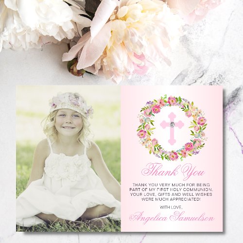 Baptism Communion Confirmation Girl Floral PHOTO Thank You Card