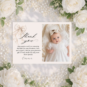 Baptism Coquette Bow with Pearl Photo Flat Thank You Card