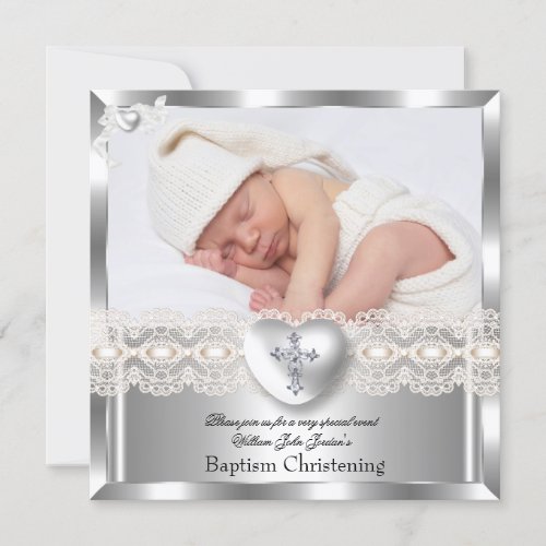 Baptism Cream Silver Photo Heart Cross Boy Girl 2 Invitation