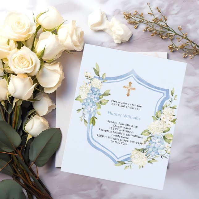 Baptism crest blue florals boy invitation (Creator Uploaded)