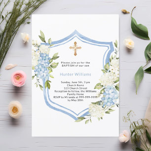 Baptism crest blue flowers boy invitation