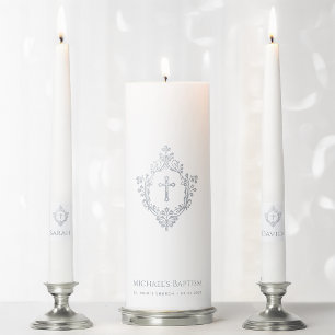 Baptism Crest Faux Silver Religious Cross Vintage  Unity Candle Set