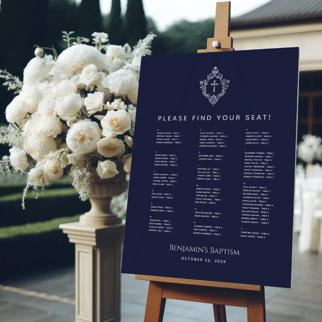 Baptism Crest Navy Blue Alphabetical Seating Chart Foam Board (Creator Uploaded)