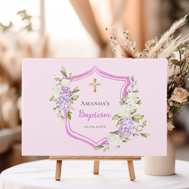 Baptism crest pink flowers girl guest book (Creator Uploaded)