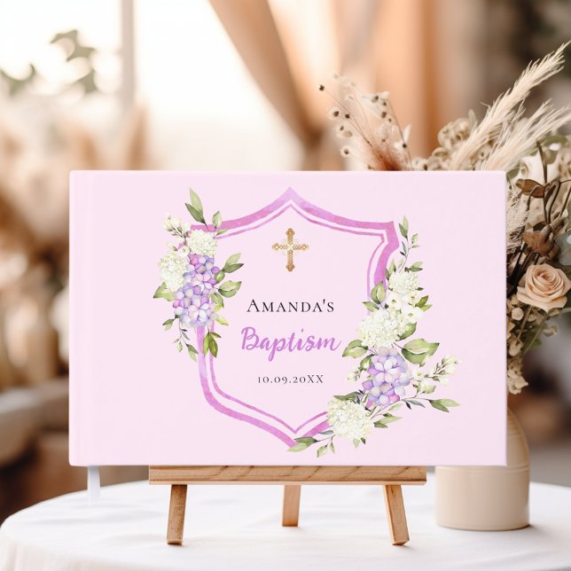 Baptism crest pink purple flowers girl guest book (Creator Uploaded)
