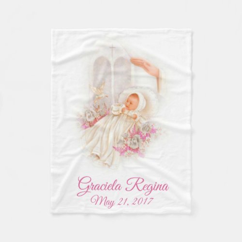 Baptism Cross Baby Girl Pink Flowers Fleece Blanket