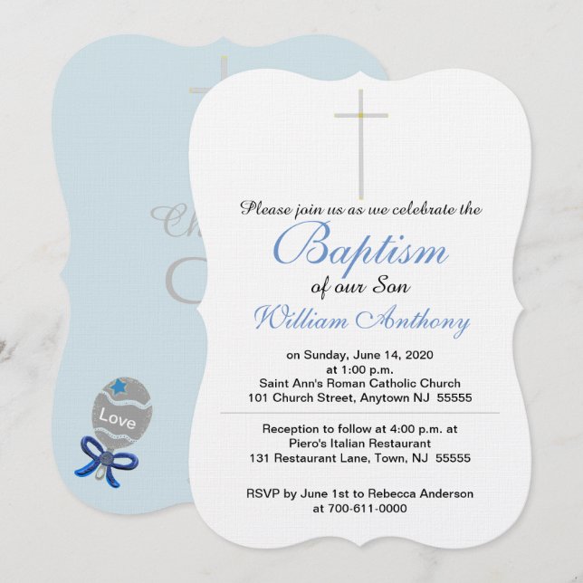 Baptism Cross Blue Grey Baby Rattle  Invitation (Front/Back)