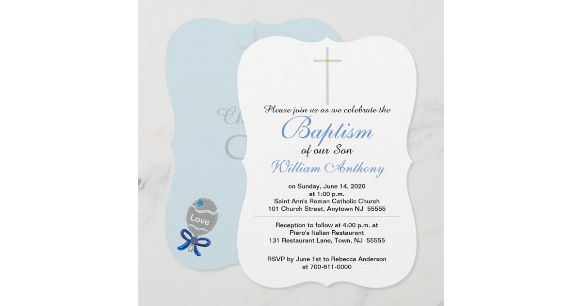 Baptism Cross Blue Grey Baby Rattle Invitation Zazzle
