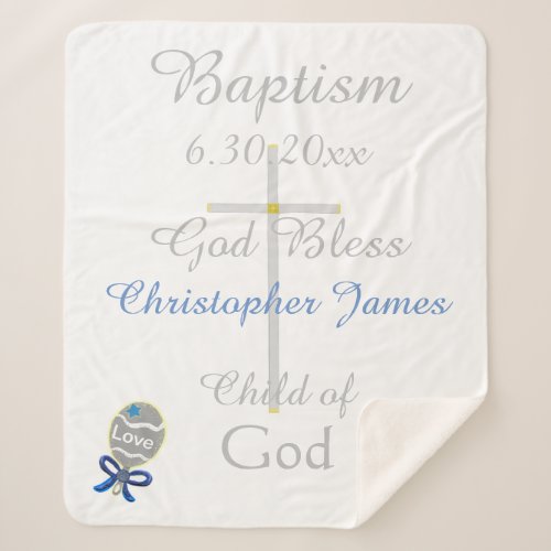 Baptism Cross Boy Blue Star Rattle Medium Sherpa Blanket