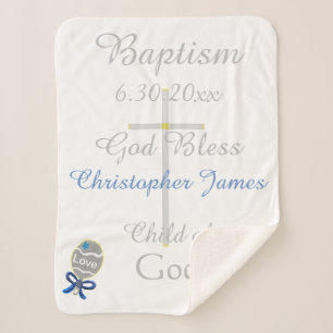 Baptism Cross Boy Blue Star Rattle Medium Sherpa Blanket