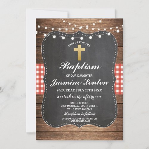 Baptism Cross Christening Red Check Gingham Chalk Invitation