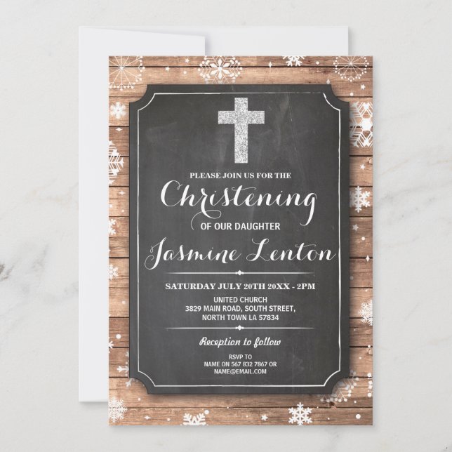 Baptism Cross Christening Wood Christmas Snow Invitation (Front)