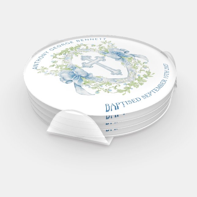 Baptism Cross Crest Greenery Baby Boy  Coaster Set (Set)