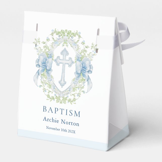 Baptism Cross Crest Greenery Baby Boy Favor Box (Back Side)