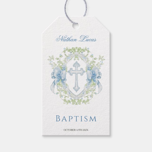Baptism Cross Crest Greenery Baby Boy Gift Tag (Front)