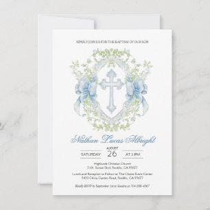 Baptism Cross Crest Greenery Baby Boy Invitation