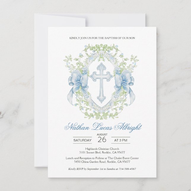 Baptism Cross Crest Greenery Baby Boy Invitation (Front)