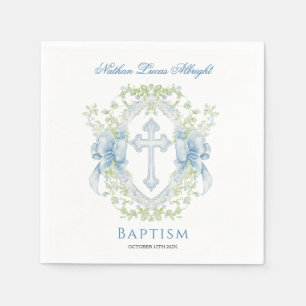 Baptism Cross Crest Greenery Baby Boy Napkins