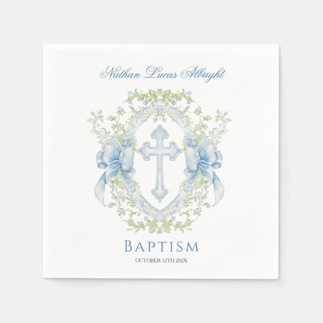 Baptism Cross Crest Greenery Baby Boy Napkins (Front)