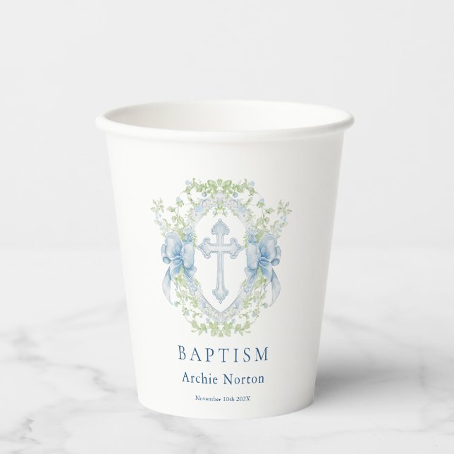 Baptism Cross Crest Greenery Baby Boy Paper cup (Front)