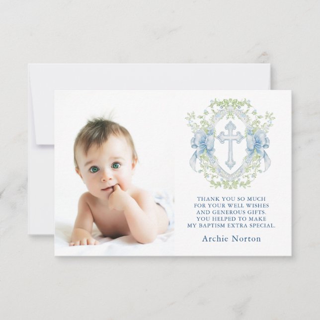 Baptism Cross Crest Greenery Baby Boy Photo  Thank You Card (Front)