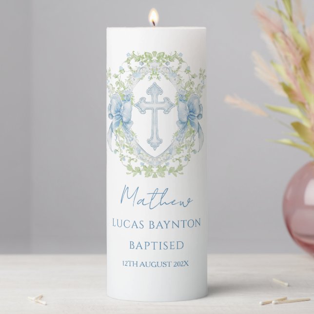 Baptism Cross Crest Greenery Baby Boy Pillar Candle (In Situ)