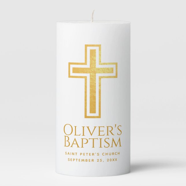 Baptism Cross Faux Gold Foil Simple Elegant Pillar Candle (Front)